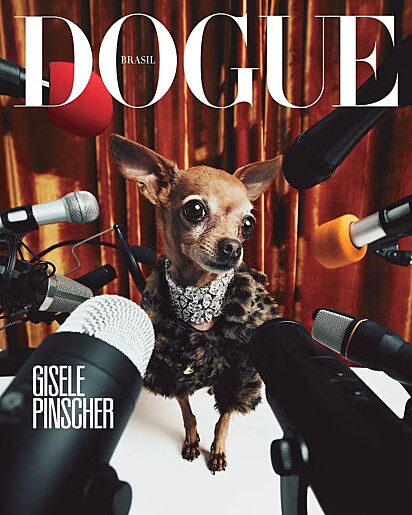 Gisele Pinscher estampou a capa da primeira edição da Dogue Brasil, a Vogue dos pets.