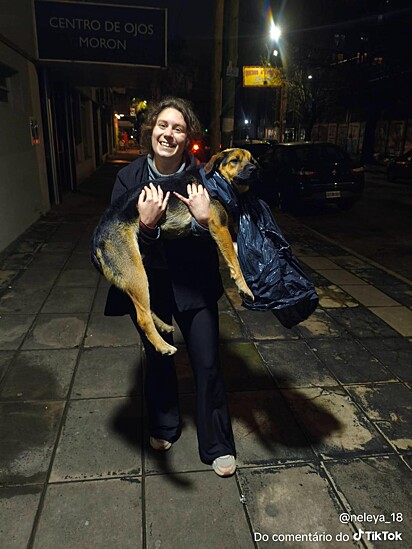 A coleira não funcionou e o cãozinho foi levado no colo até a nova casa.