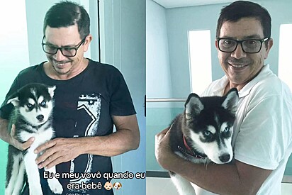 O pai de Raul com o cão Snow, ainda filhote.