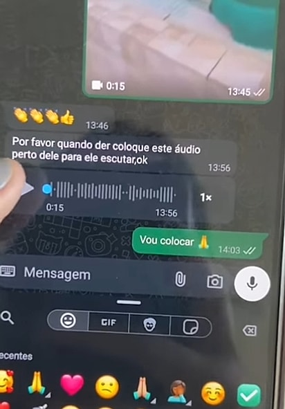 O tutor pediu para a veterinária colocar uma mensagem de voz para o cãozinho escutar.