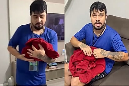 Marido chega em casa com uma surpresa envolta de blusão, e questiona mulher: “Tu vai me ajudar a cuidar?”