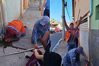 Após 2 horas de tensão, senhor desaba ao finalmente tirar cachorro preso em cano