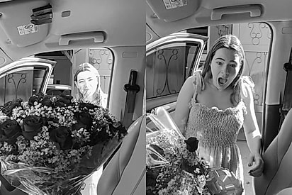 Namorada abre porta do carro e encontra flores junto de filhote de golden dos seus sonhos e reação encanta