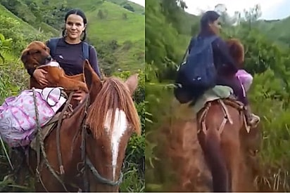 Jovem cavalga por mais de uma hora com sua cachorra no colo para dar a ela a chance de uma vida melhor.