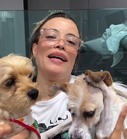 Keila ficou muito feliz em ter os cães novamente ao seu lado.