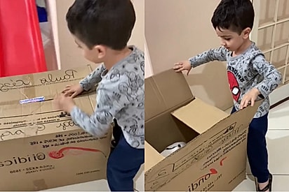 Criança tem fofa reação ao descobrir o que tem dentro de uma caixa de papelão.