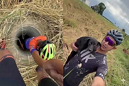 Durante pedal na rodovia, pai e filho salvam cachorrinha de buraco escondido no matagal.