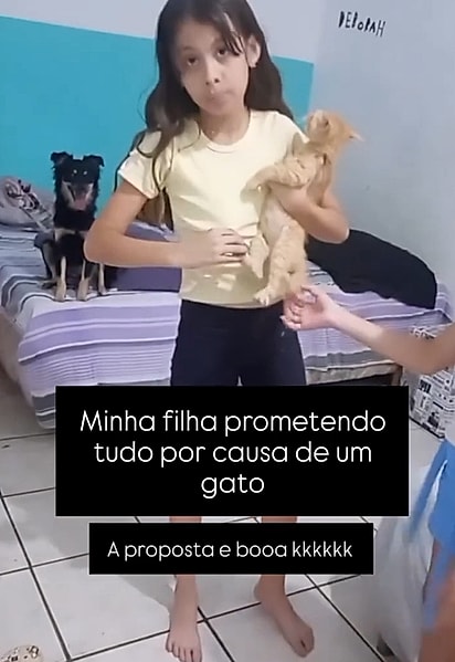 Débora defendeu com unhas e dentes e conseguiu convencer a mãe a ficar com o gatinho.