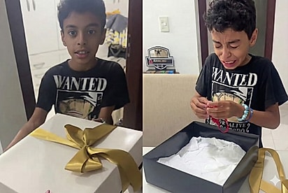 Menino não sabia, mas dentro de caixa estaria a coleira do melhor amigo que ele sempre sonhou