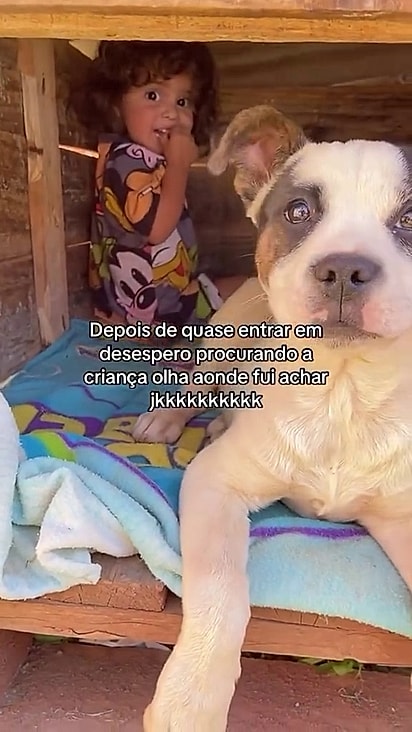 A menina entrou dentro da casinha com o cachorro.