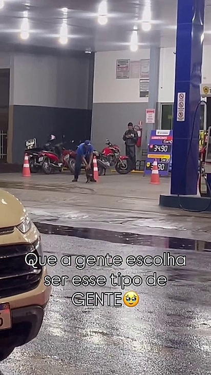 O cão estava brincando com o frentista.