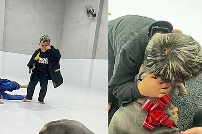 Menino não imaginava que, ao sair do treino, encontraria sua nova melhor amiga com um lacinho lhe esperando
