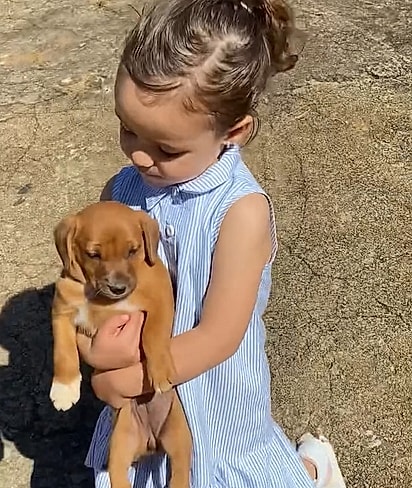 Helena agarrada no cachorrinho.