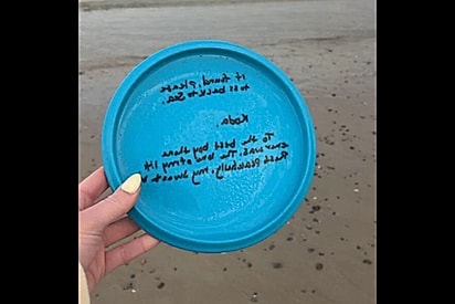 “Jogue de volta ao mar”: Jovem recolhe frisbee achando ser lixo, mas mensagem escrita no brinquedo a faz chorar.