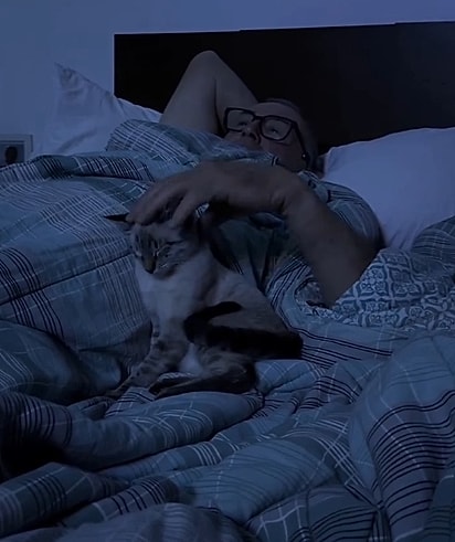 O gatinho recebendo carinho do pai da Duda.