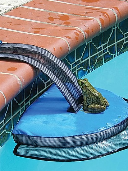 Modelo de equipamento colocado ao redor da piscina para ajudar animais que caem na água a encontrar uma rota de fuga.