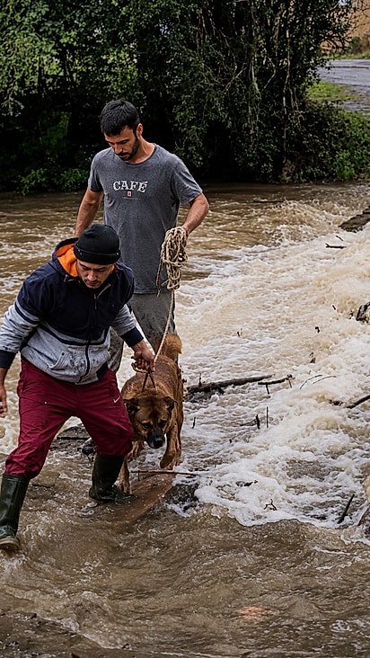 Os homens tiraram o animal da ponte.