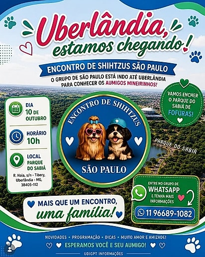 O Encontro de Shih-Tzus SP realizará uma nova confraternização no Parque do Sabiá, em Uberlândia, Minas Gerais.