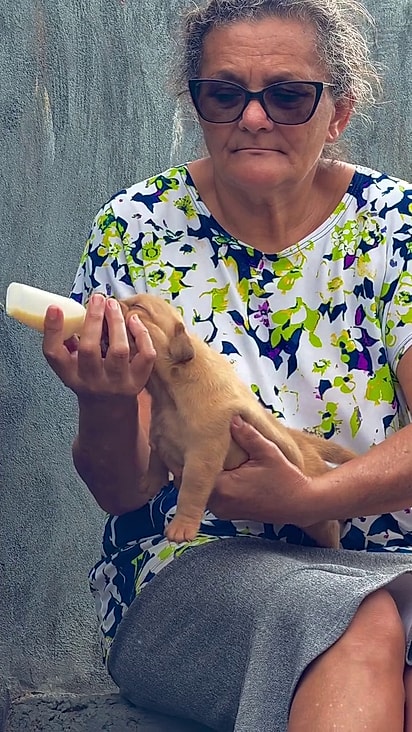 A senhora segurava o filhote com uma mão só.