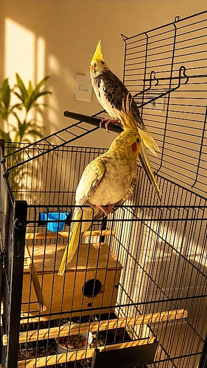 As calopsitas Apolo e Pintinha aproveitando a nova casinha.