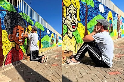 “O ambiente importa, e muito!”: professor transforma muro de escola com 150 mil tampinhas e se emociona ao colar a última.